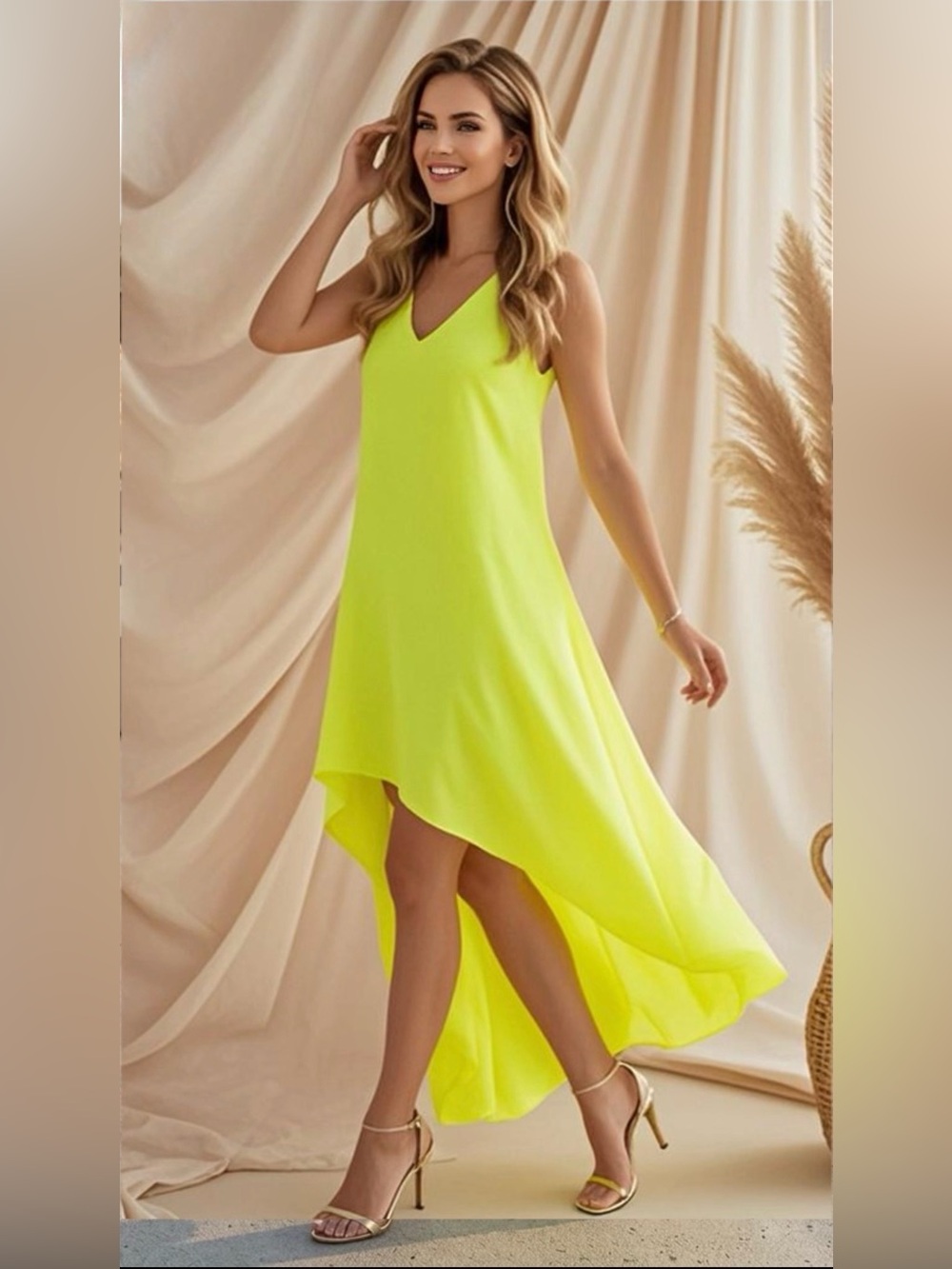 BCBGMaxAzria Avery Neon Yellow High-Low Midi Dress Formal Cocktail Wedding